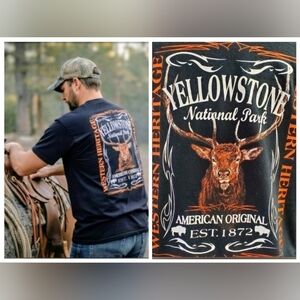 YELLOWSTONE National Park Tee sz L Western Heritage Deer Buffalo Black Cotton